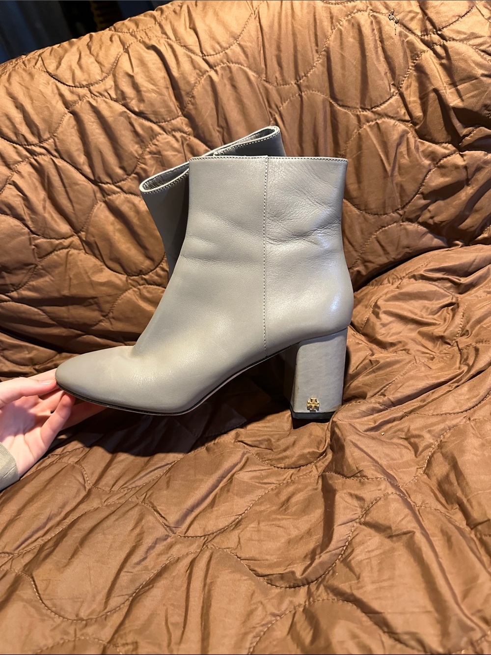 Tory Burch Light Grey Leather Block Heel Ankle Boots
